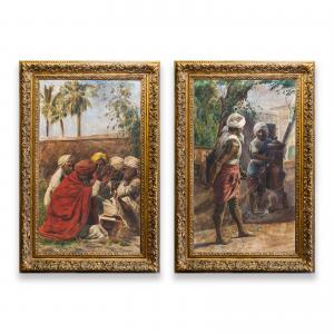 Pair of Large Watercolors on Paper, by Eusebio Scribante, "Orientalist Scenes," 1800s Era